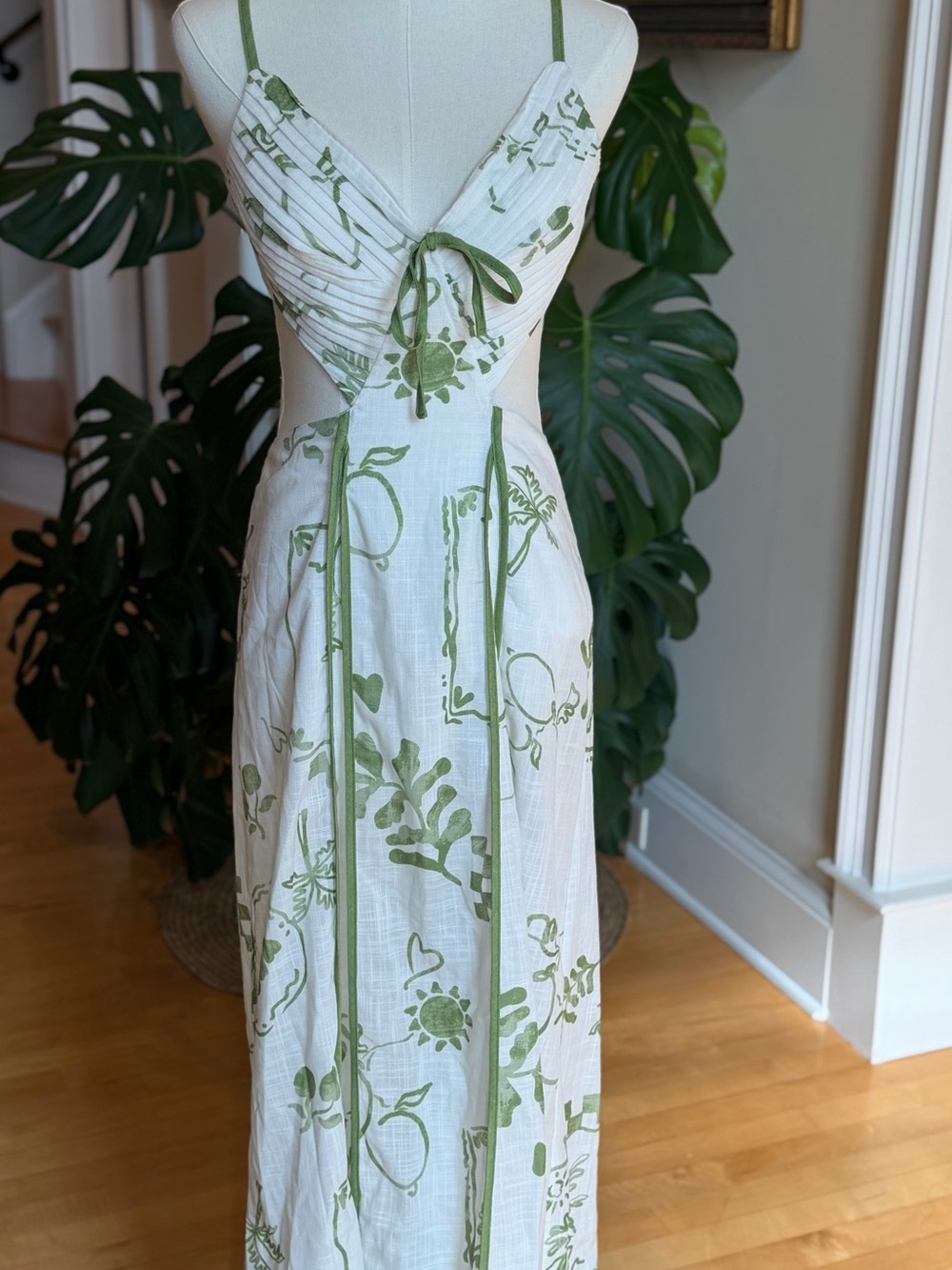 Hello Molly White and Green Botanical Cutout Maxi Dress